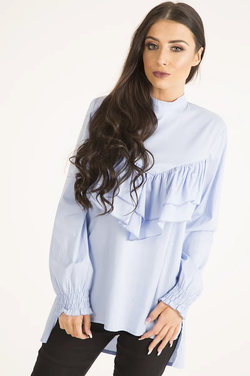 Blue Frill Detail Oversized Shirt - Lydia