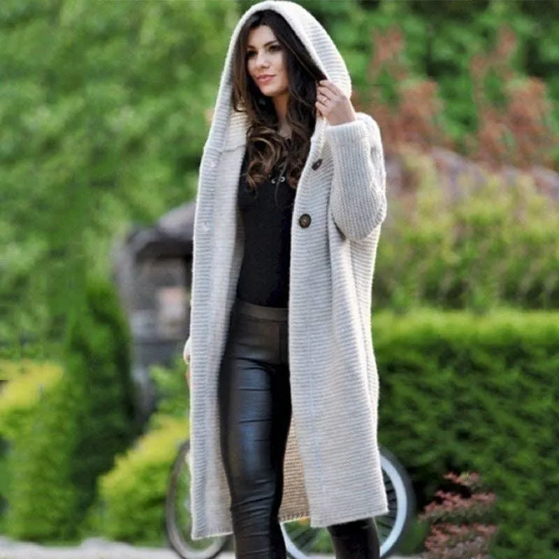 Button Hooded Solid Color Sweater Coat Cardigan NG5135