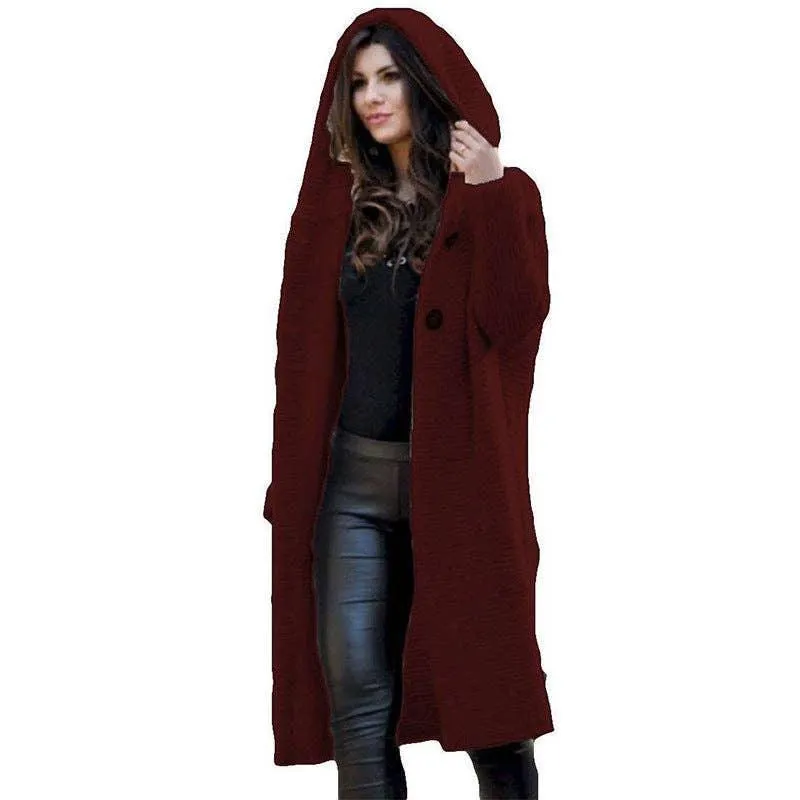 Button Hooded Solid Color Sweater Coat Cardigan NG5135