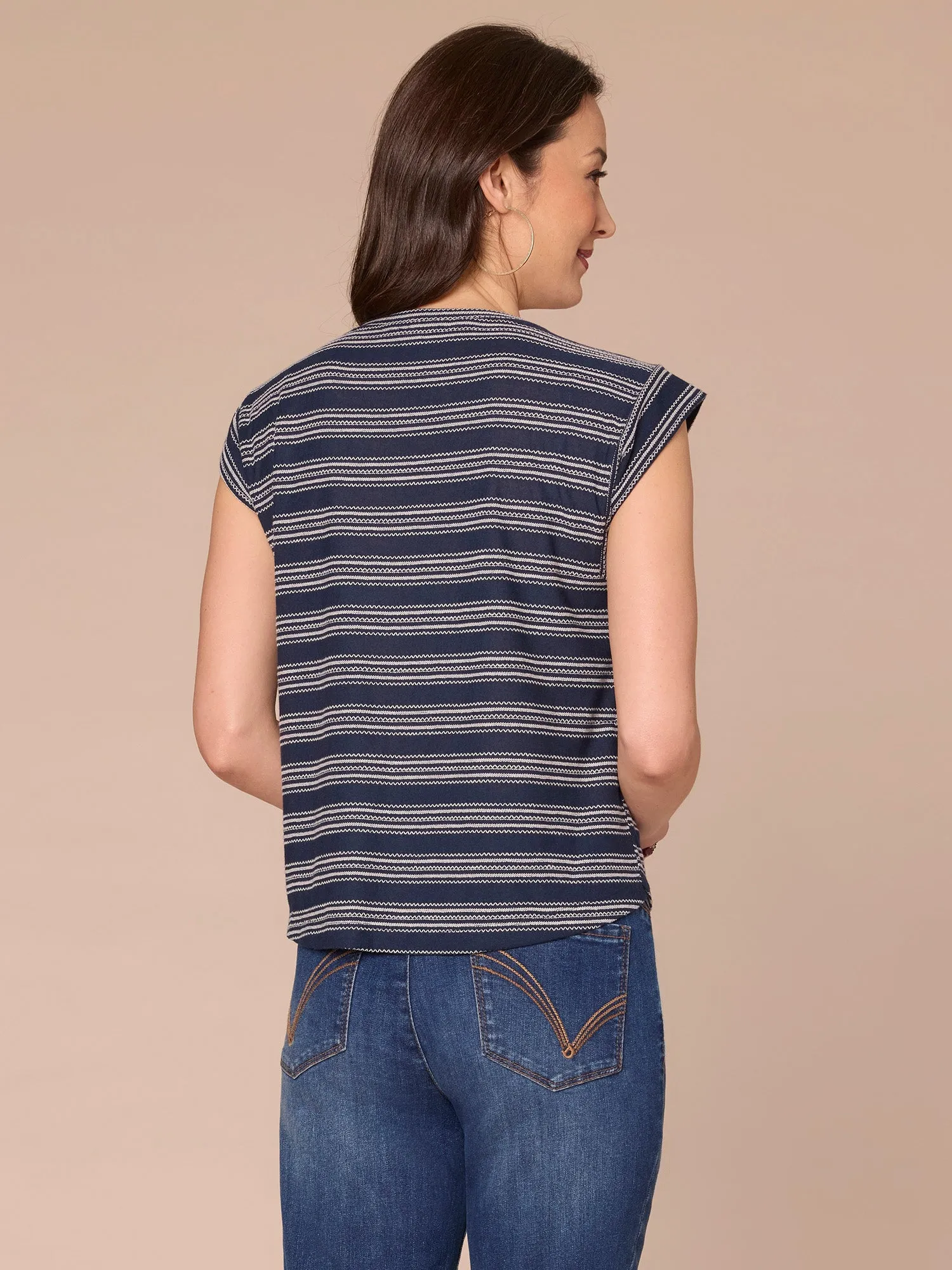 Cap Sleeve Scoop Neck Embroidered Stripe Knit Top
