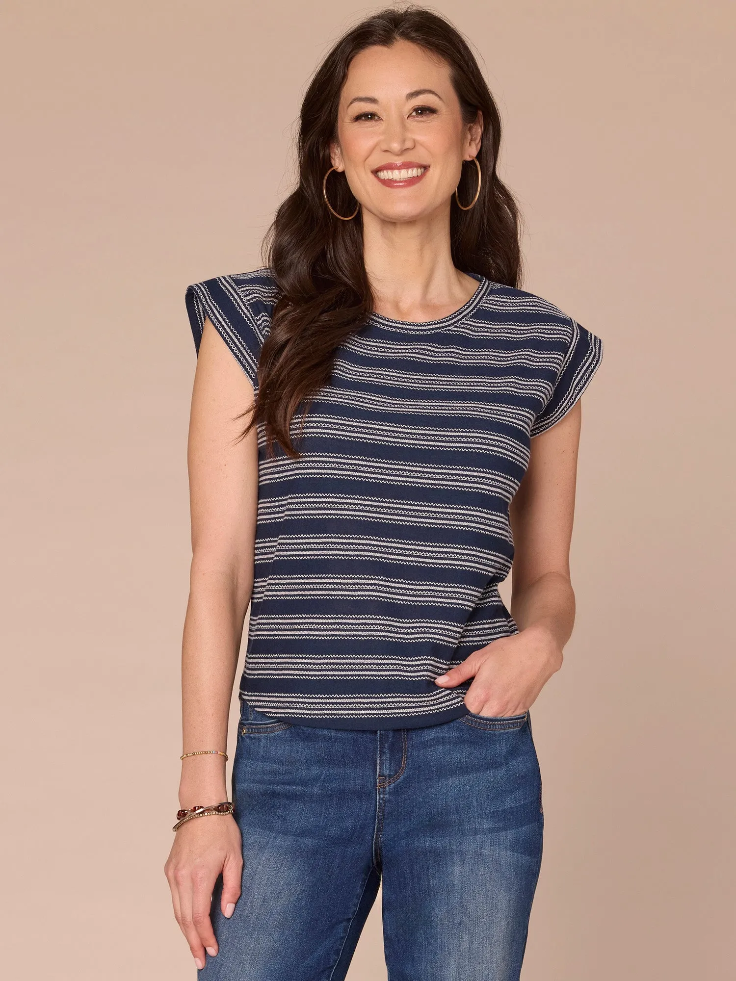 Cap Sleeve Scoop Neck Embroidered Stripe Knit Top