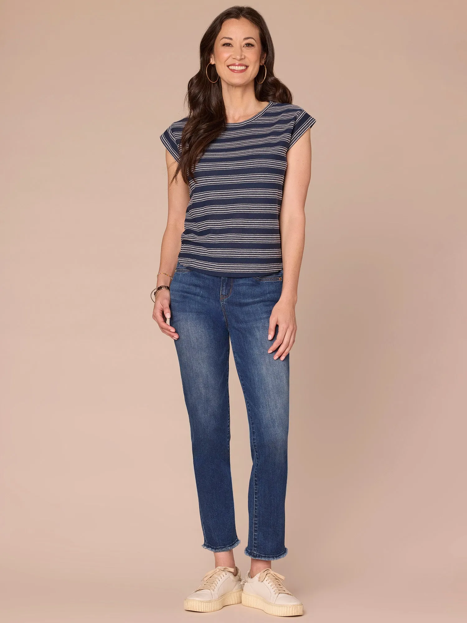 Cap Sleeve Scoop Neck Embroidered Stripe Knit Top