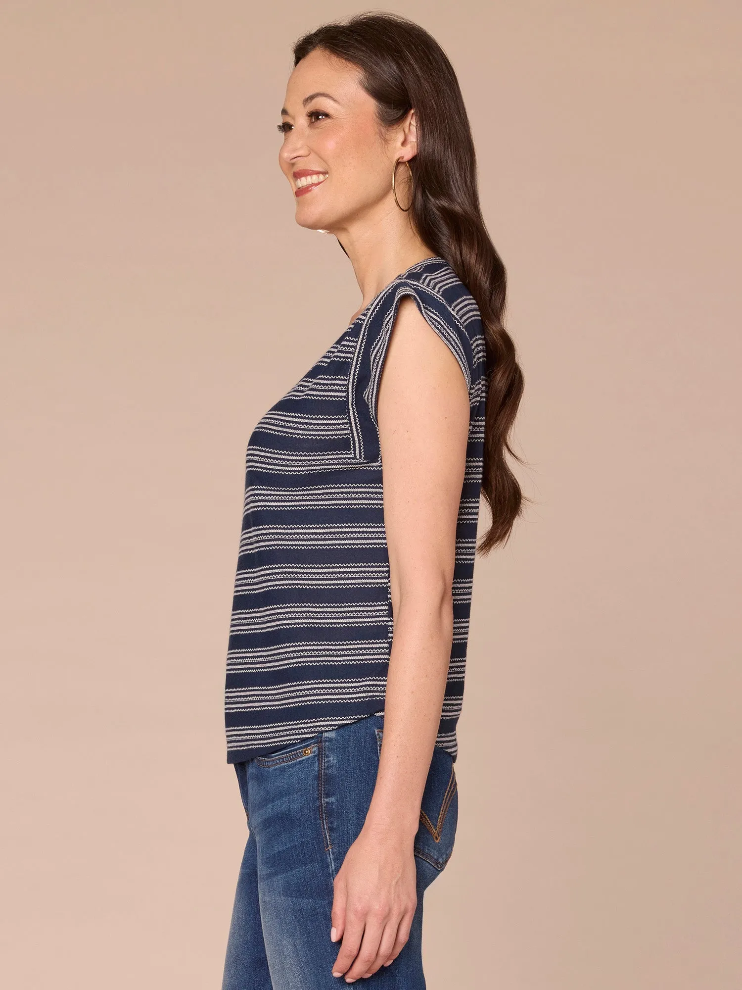 Cap Sleeve Scoop Neck Embroidered Stripe Knit Top