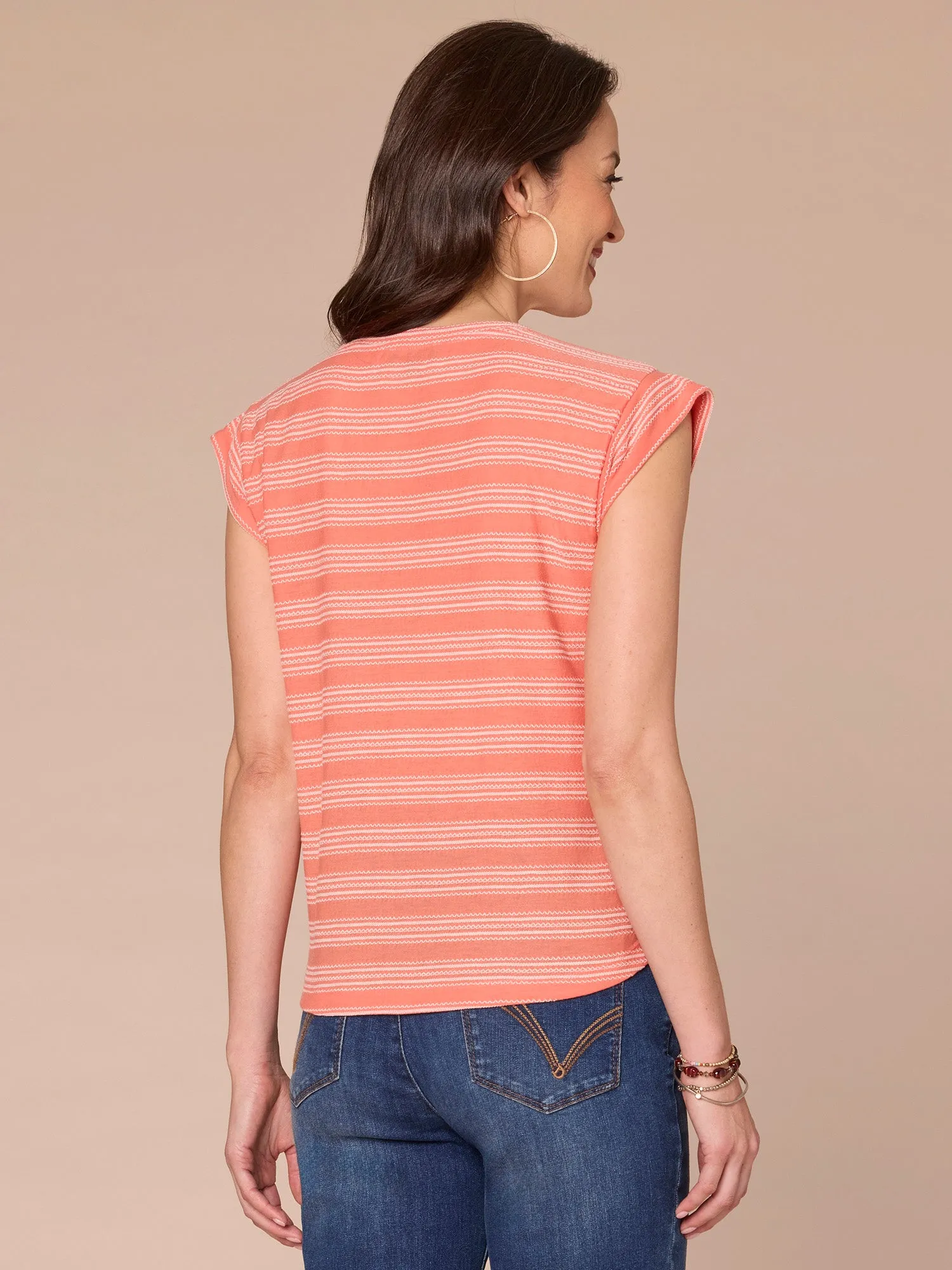 Cap Sleeve Scoop Neck Embroidered Stripe Knit Top