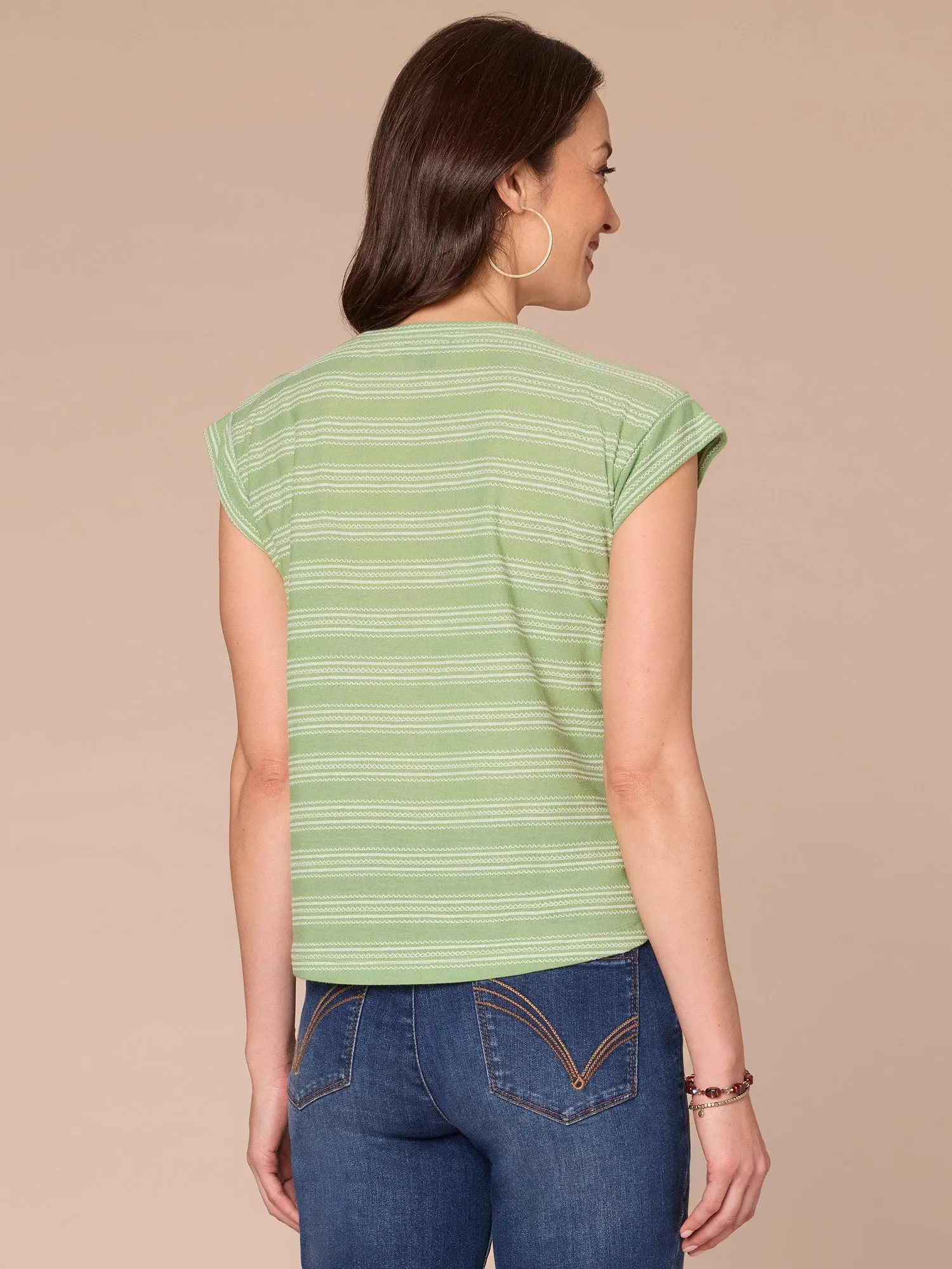 Cap Sleeve Scoop Neck Embroidered Stripe Knit Top