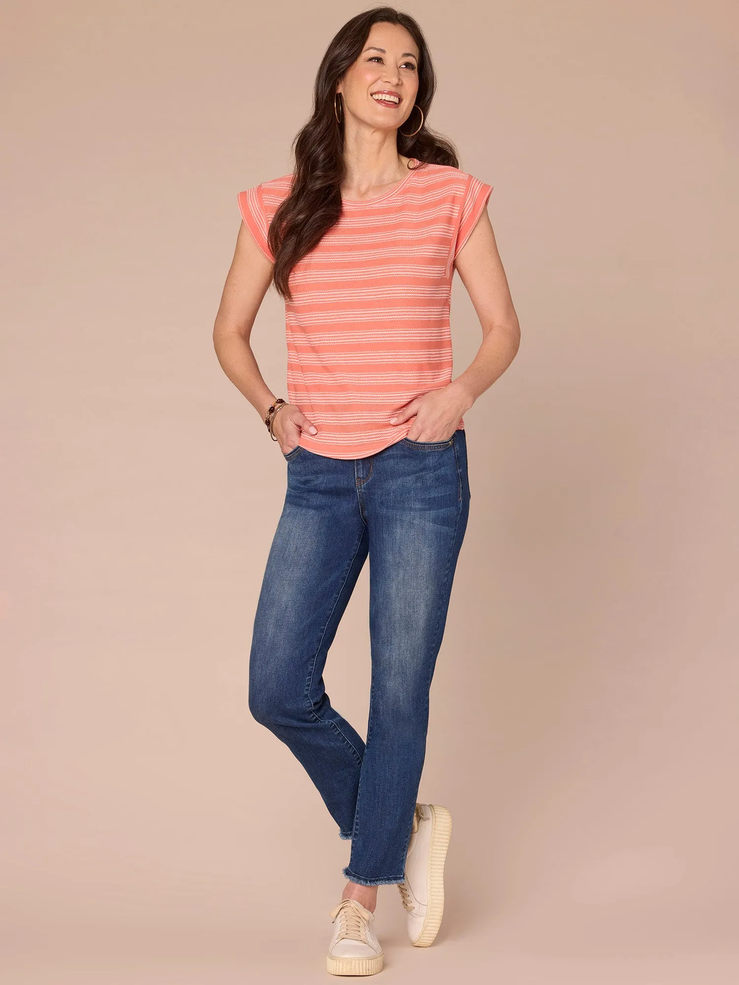 Cap Sleeve Scoop Neck Embroidered Stripe Knit Top
