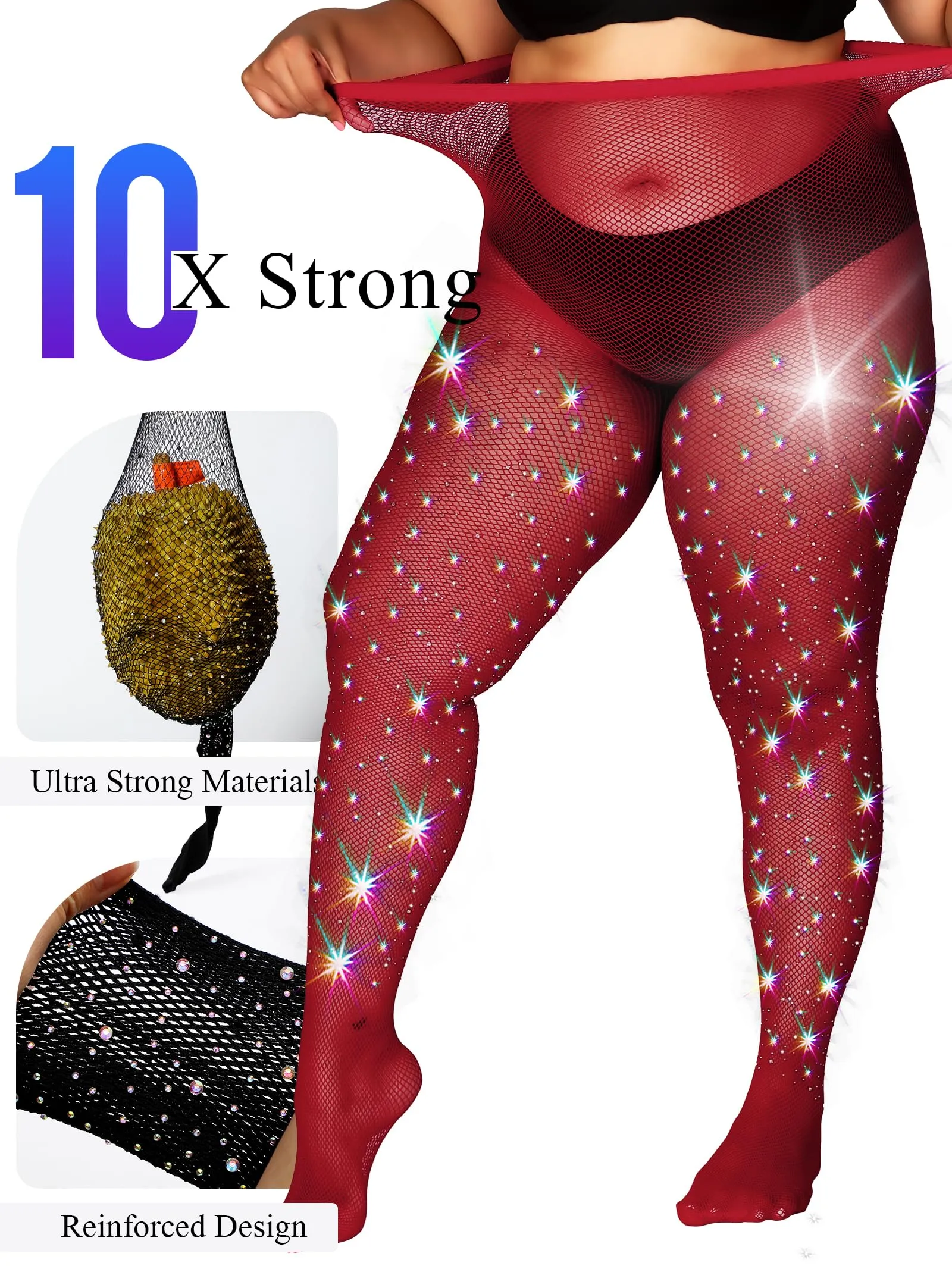 HONENNA Queen Plus Size 10X Strong Rhinestone Fishnet Stockings, Ultra Sparkly High Waist Tights for Women, Party Concert