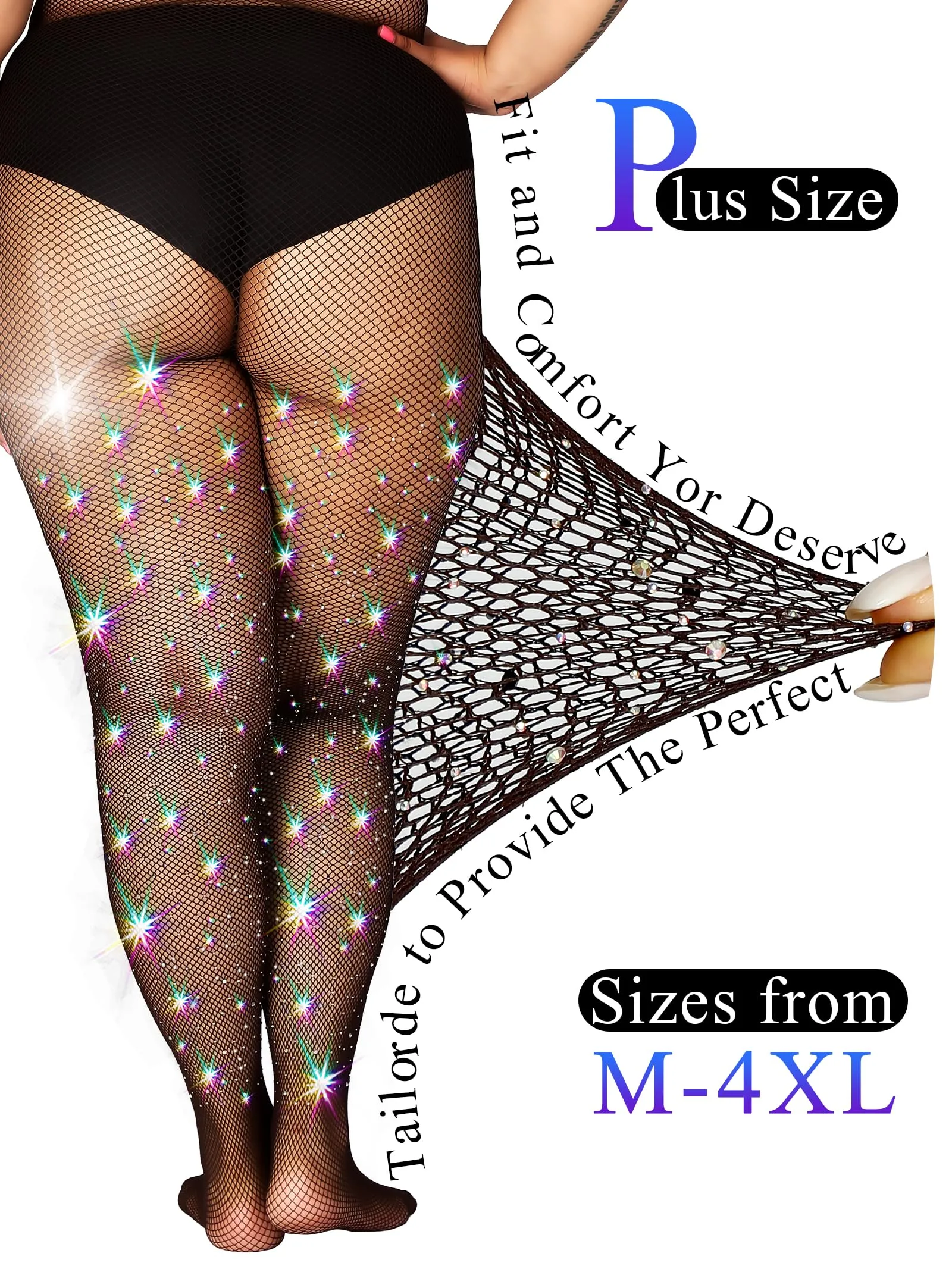HONENNA Queen Plus Size 10X Strong Rhinestone Fishnet Stockings, Ultra Sparkly High Waist Tights for Women, Party Concert