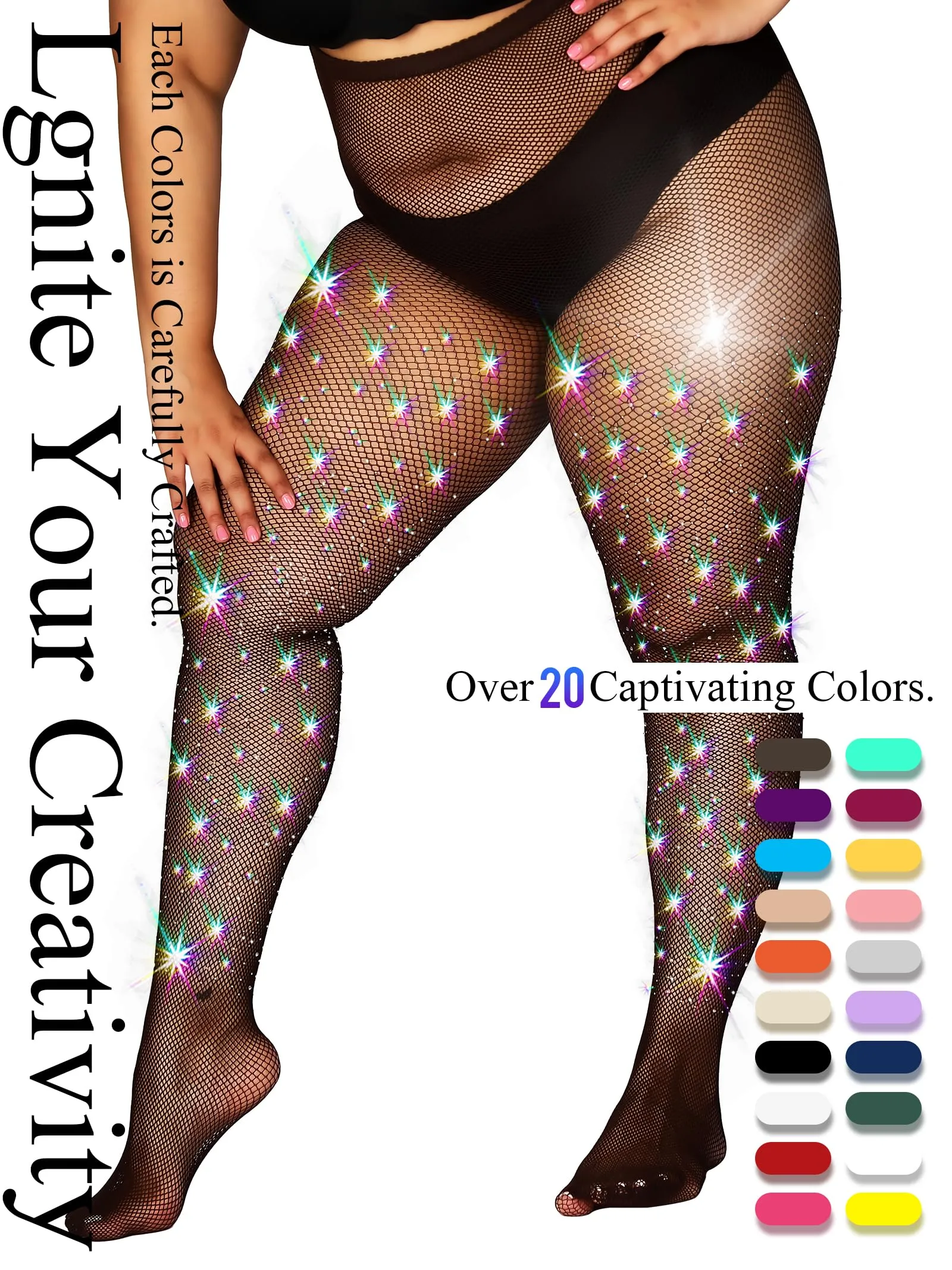 HONENNA Queen Plus Size 10X Strong Rhinestone Fishnet Stockings, Ultra Sparkly High Waist Tights for Women, Party Concert