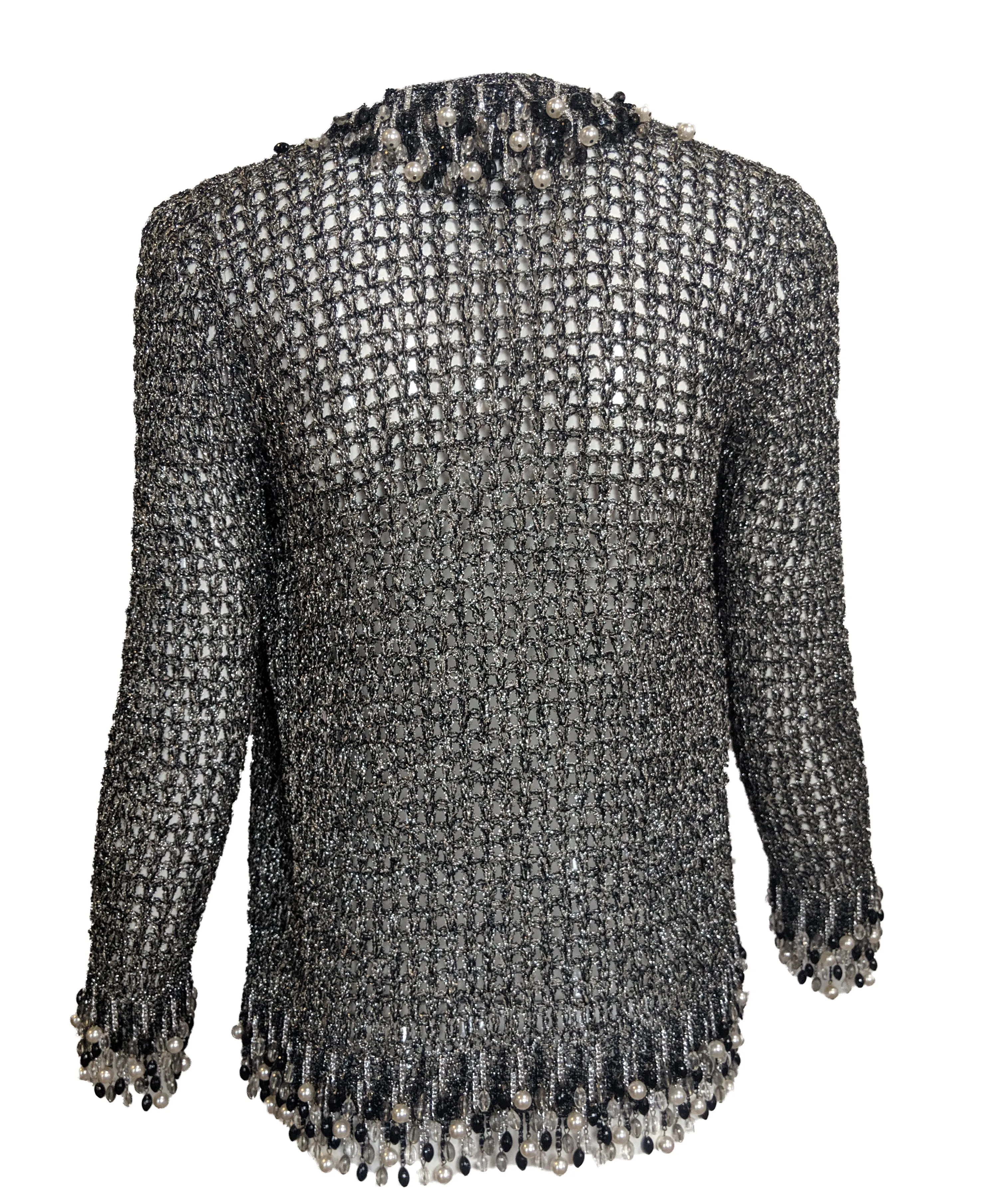 Loris Azzaro Attributed Metallic Crochet Cardigan with Beaded Fringe
