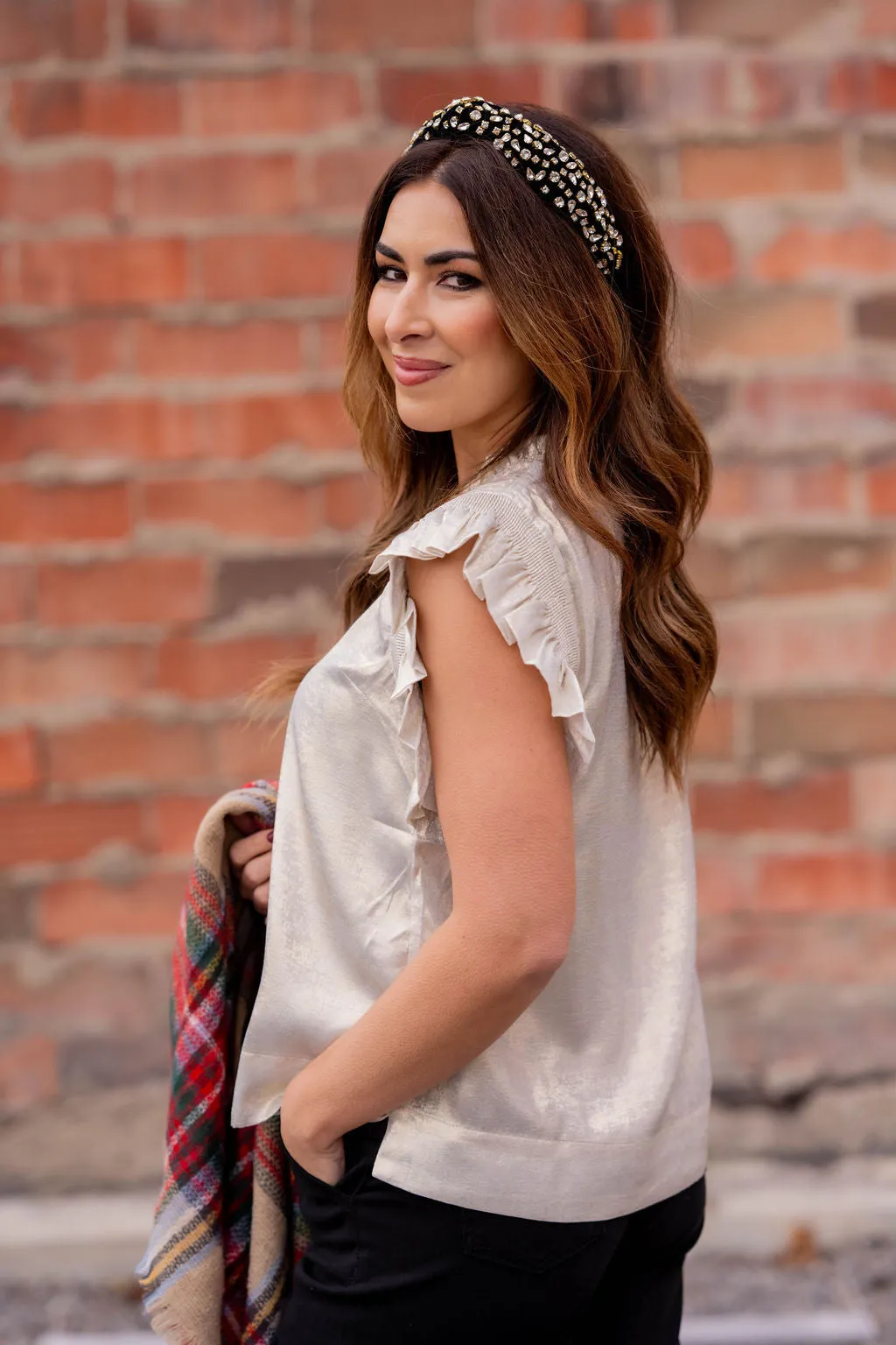Metallic Ruched Ruffle Trim Blouse