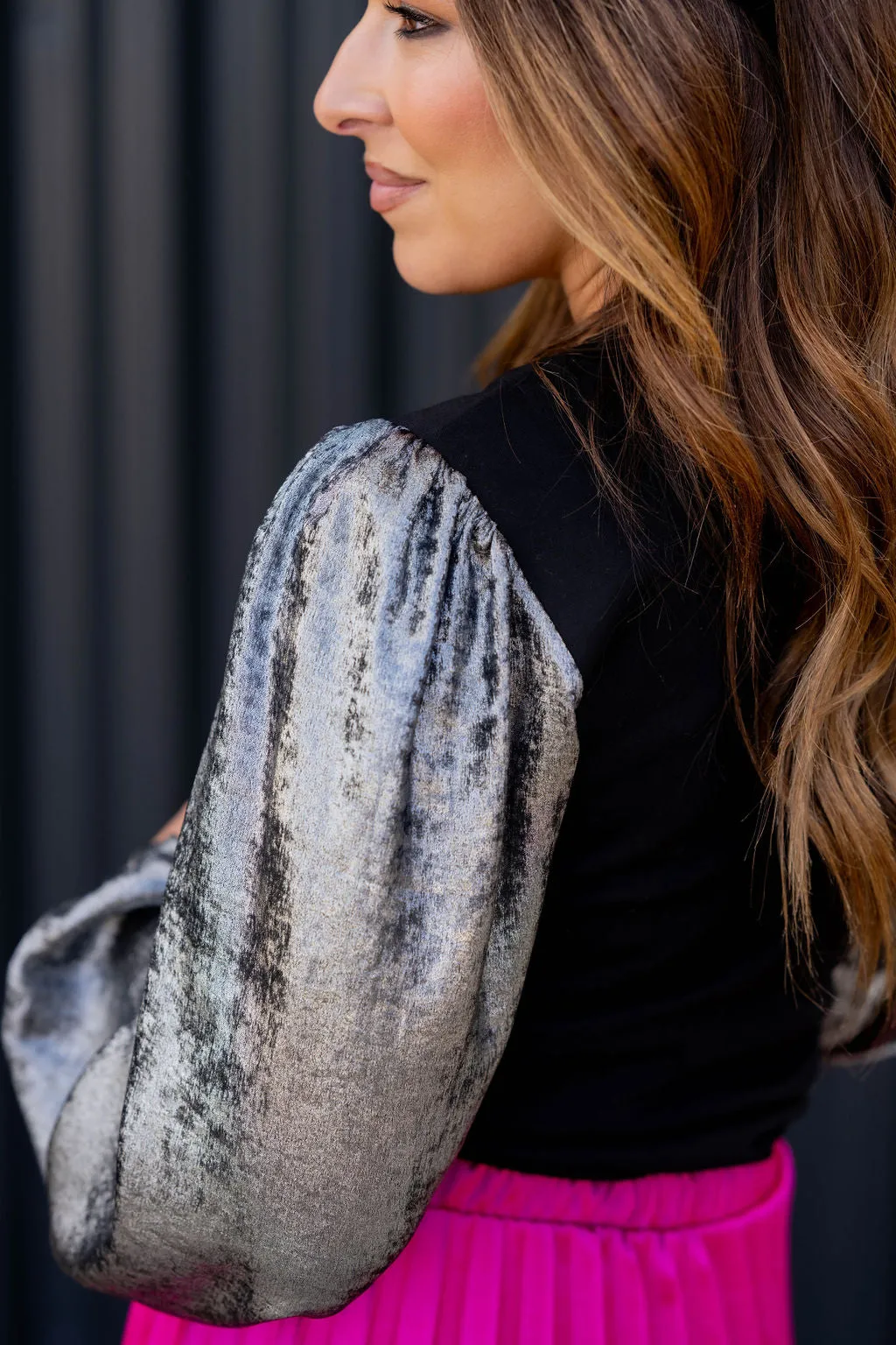 Metallic Sleeve Solid Body Blouse