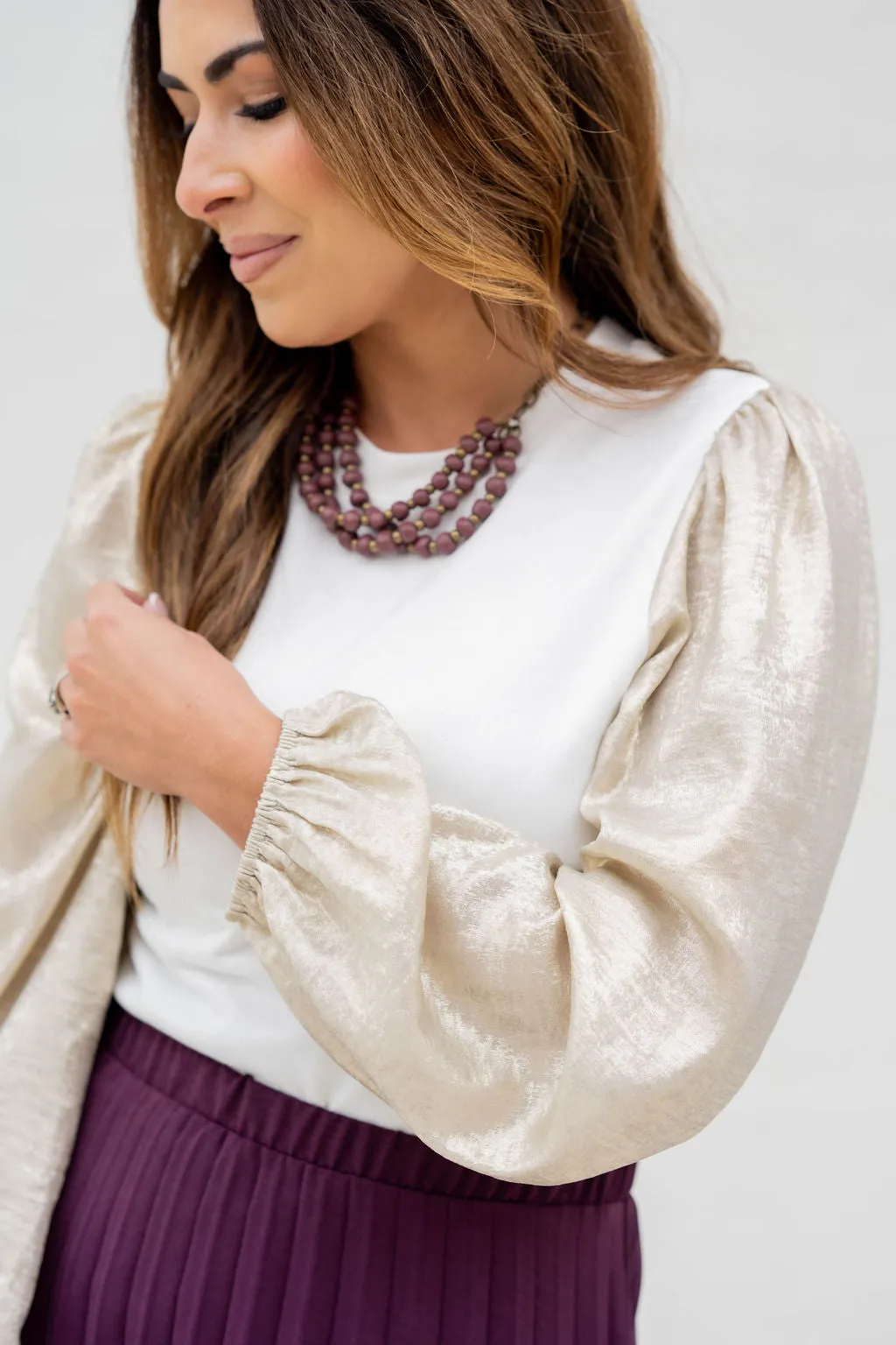 Metallic Sleeve Solid Body Blouse