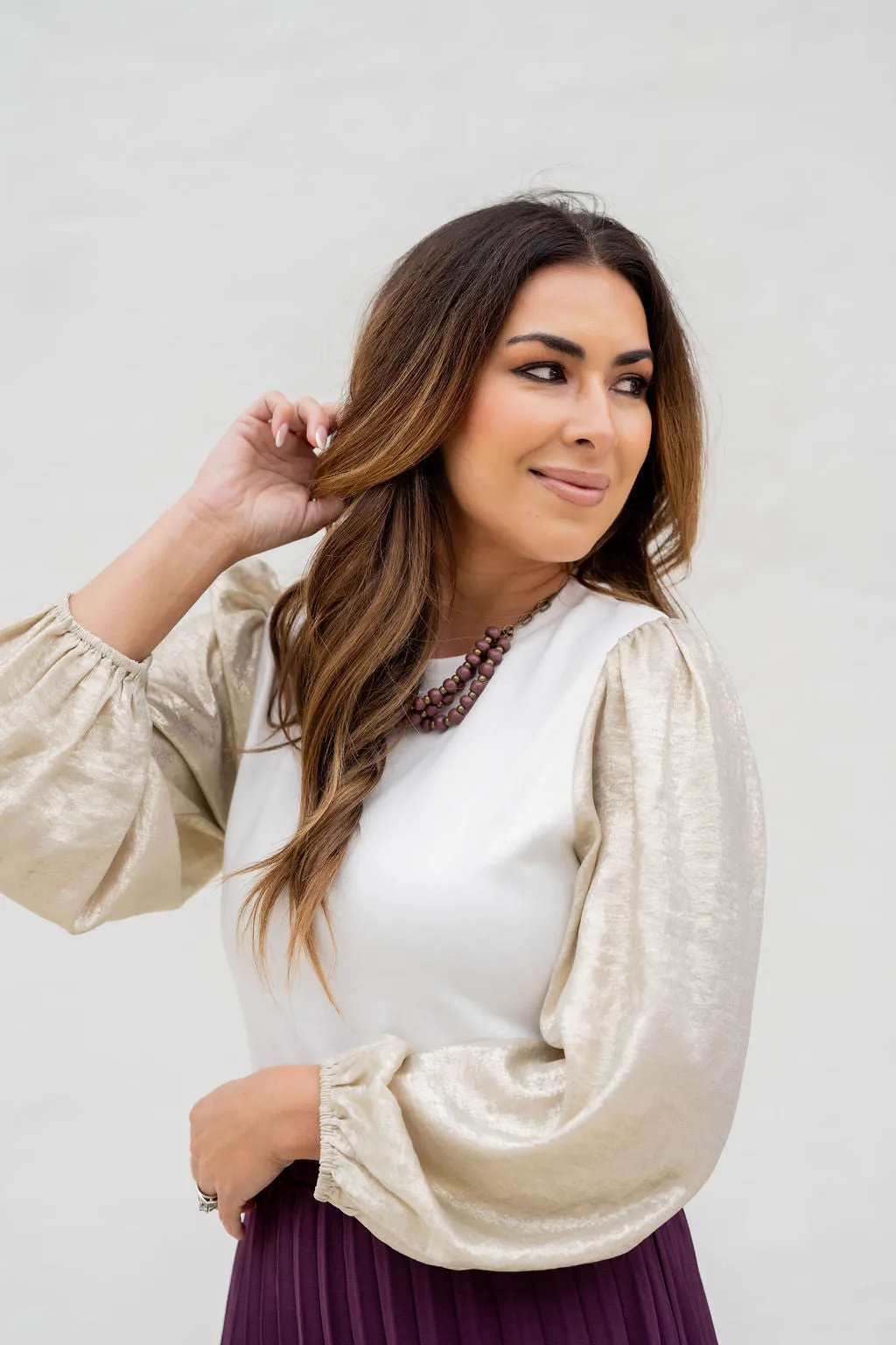Metallic Sleeve Solid Body Blouse
