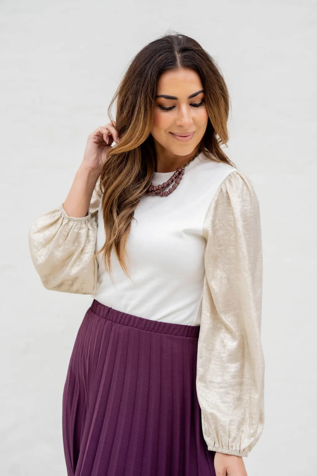 Metallic Sleeve Solid Body Blouse