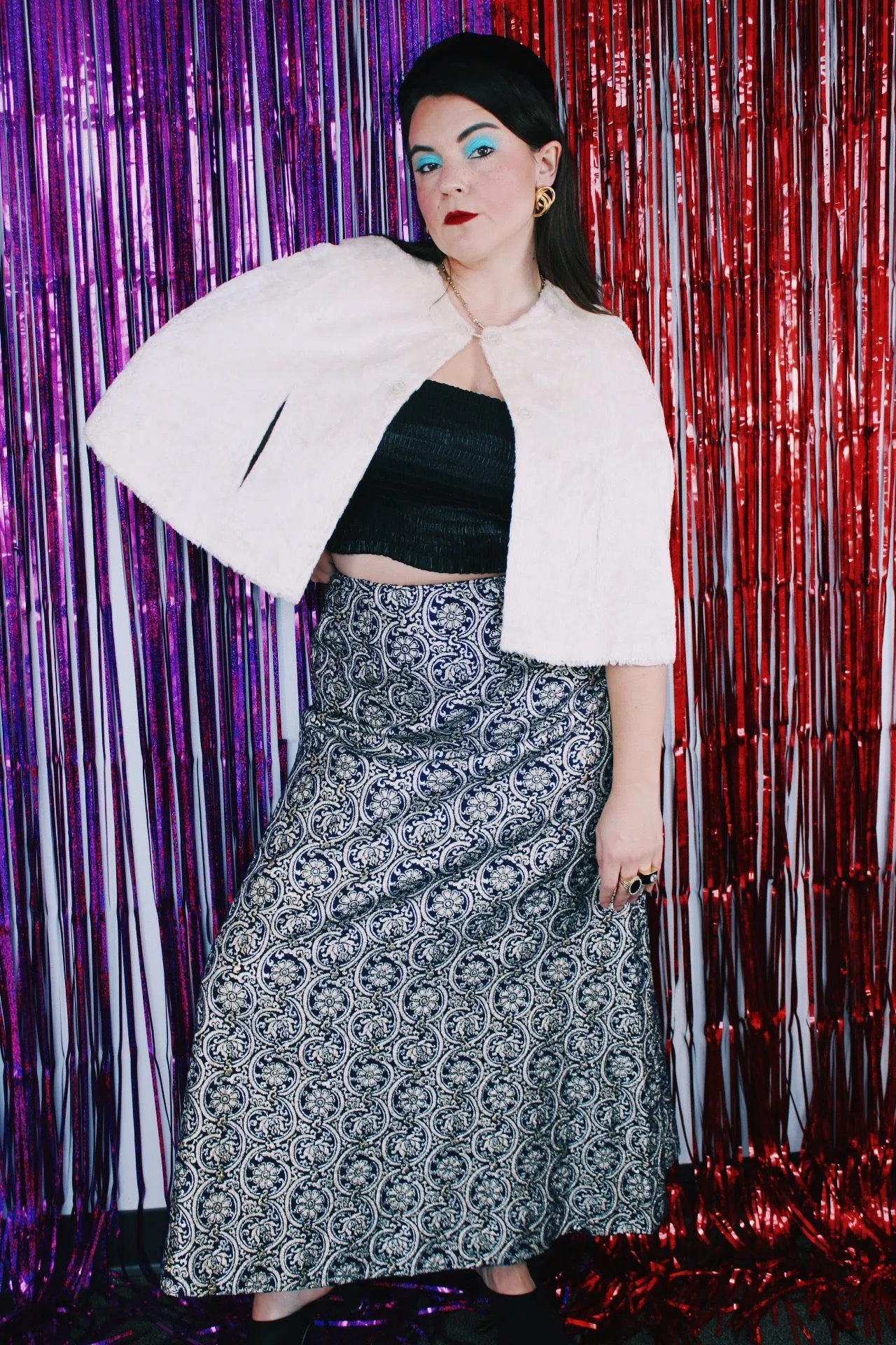 Navy Metallic Print Maxi Skirt