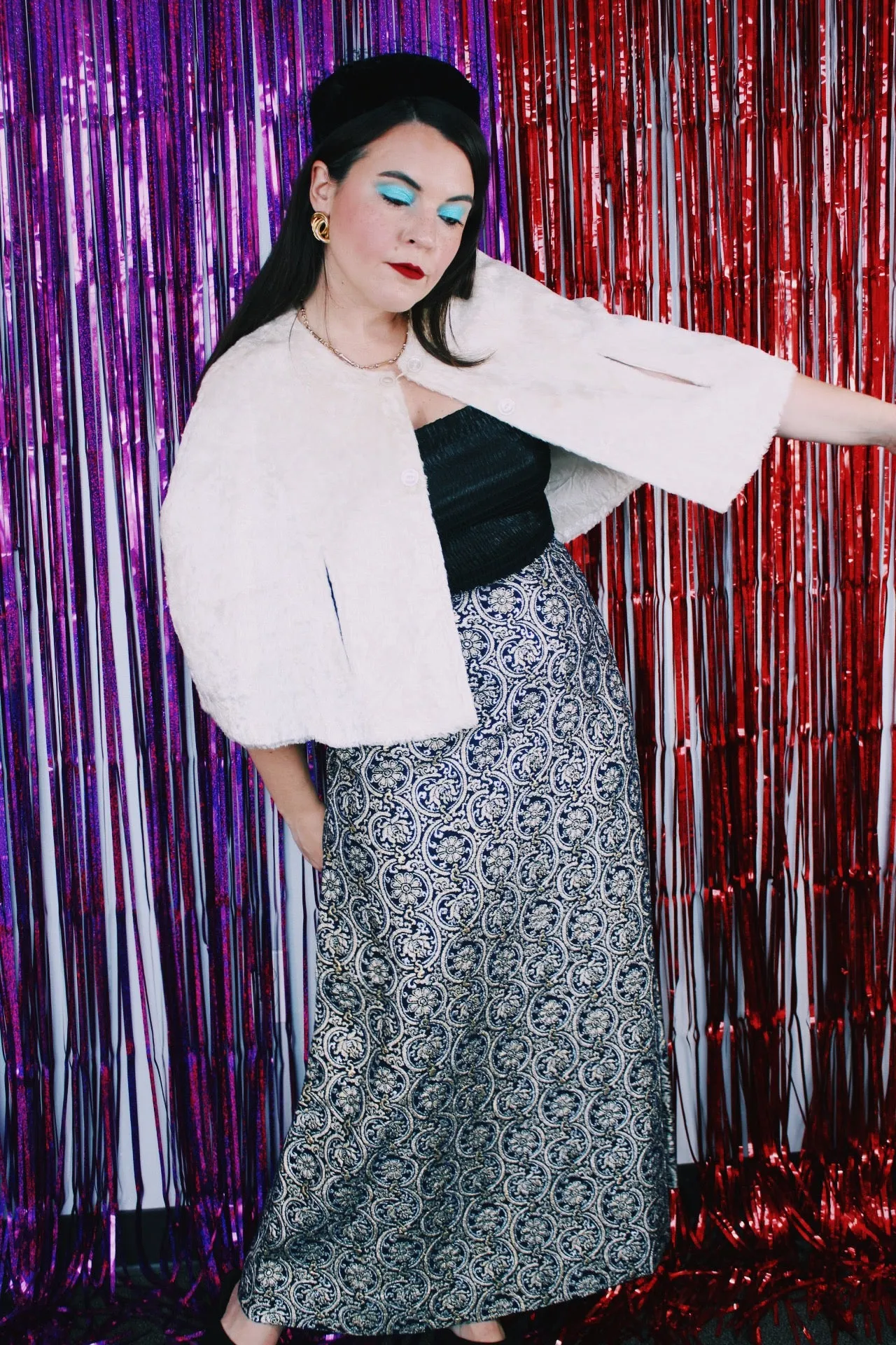 Navy Metallic Print Maxi Skirt