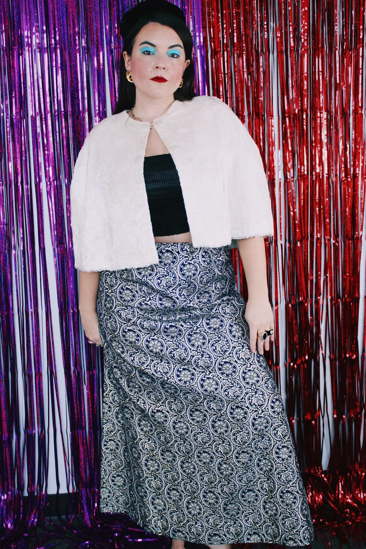 Navy Metallic Print Maxi Skirt