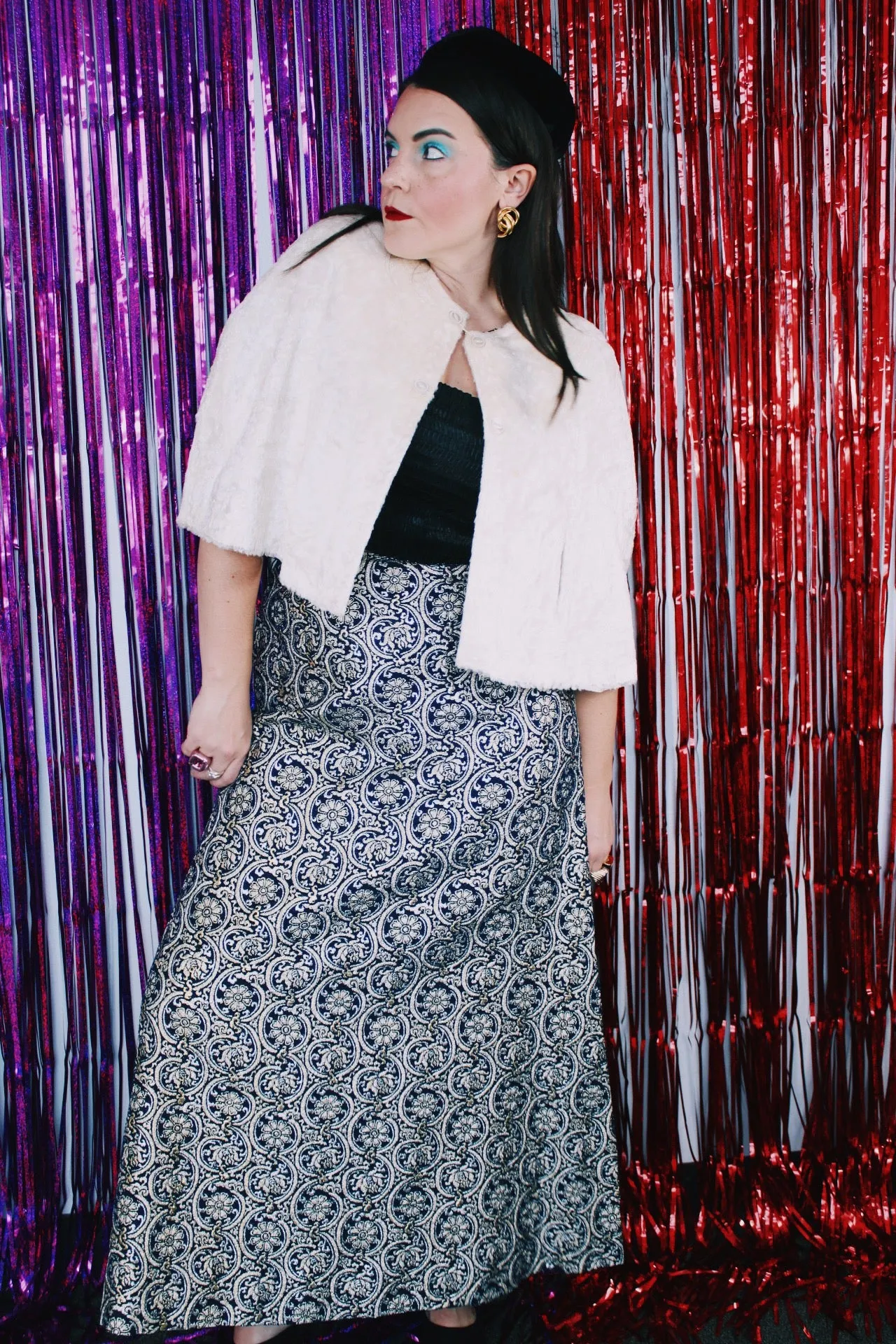 Navy Metallic Print Maxi Skirt