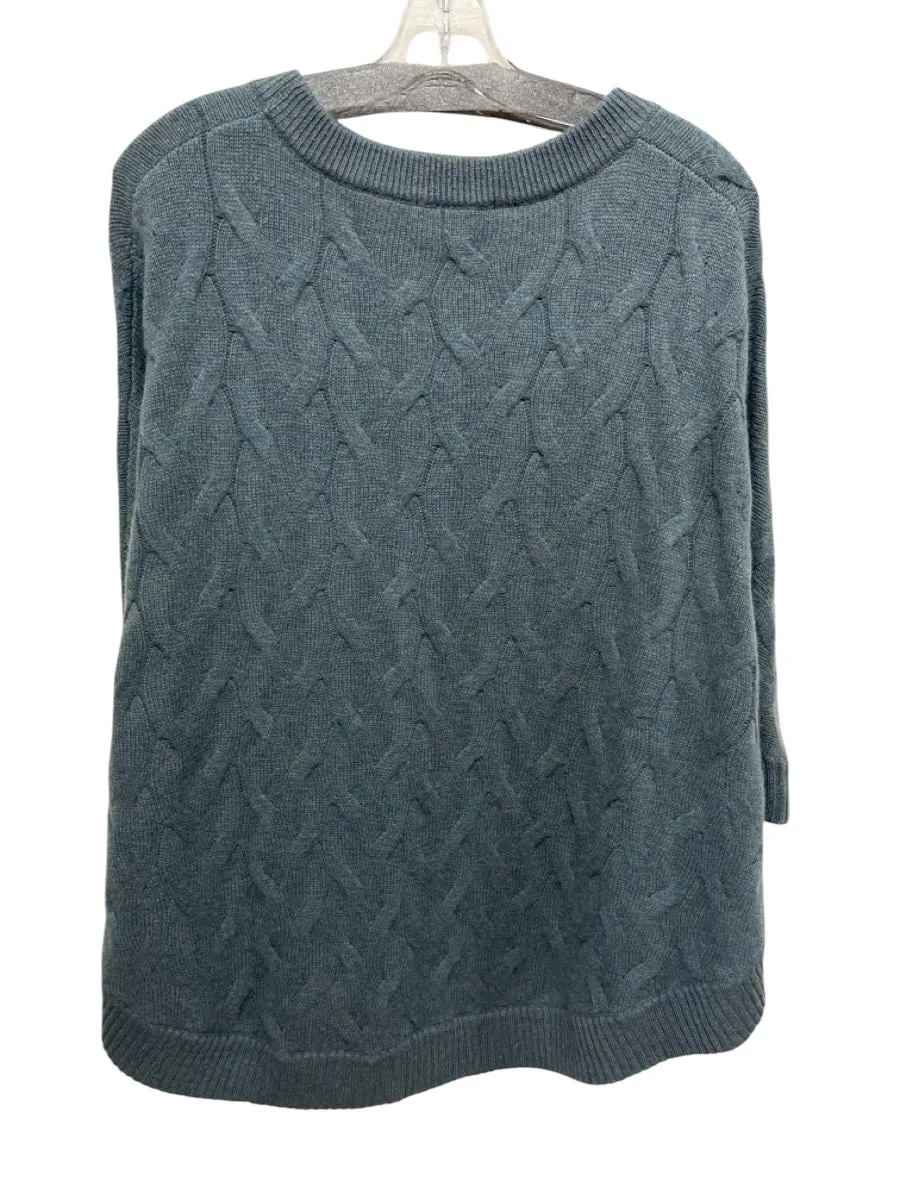 Raffi Dark Teal Cashmere V Neck Cable Knit Heathered Ribbed Poncho