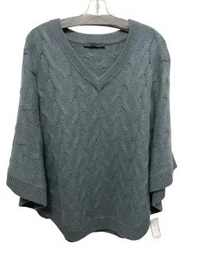 Raffi Dark Teal Cashmere V Neck Cable Knit Heathered Ribbed Poncho