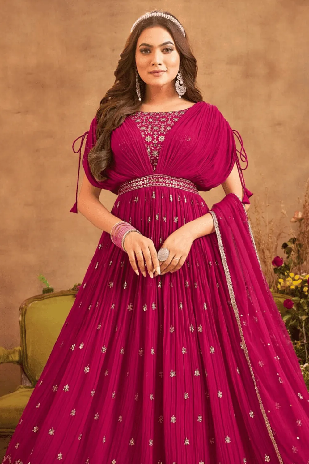 Rani Pink Silver Zari and Sequins work Poncho Style Anarkali Gown