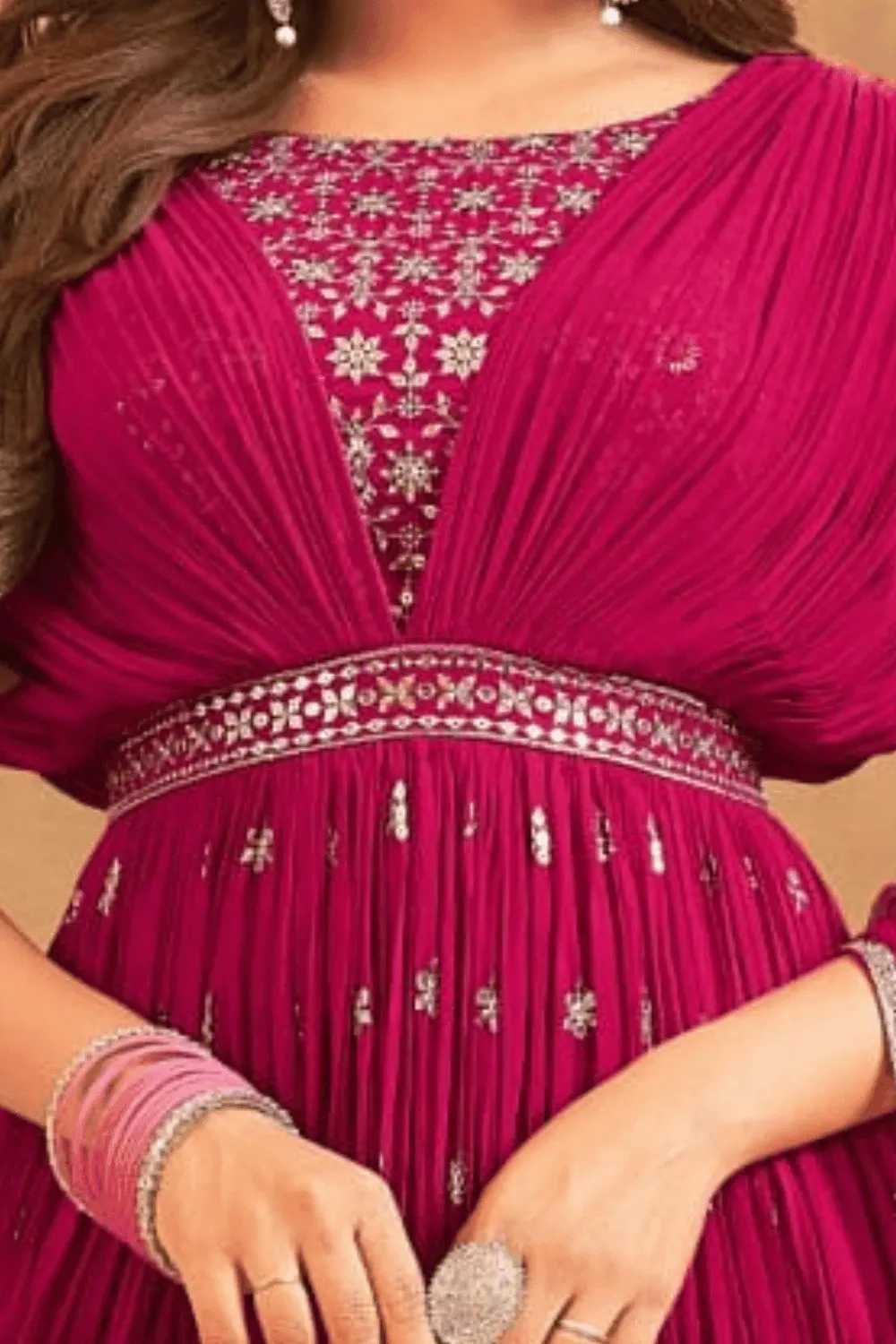 Rani Pink Silver Zari and Sequins work Poncho Style Anarkali Gown
