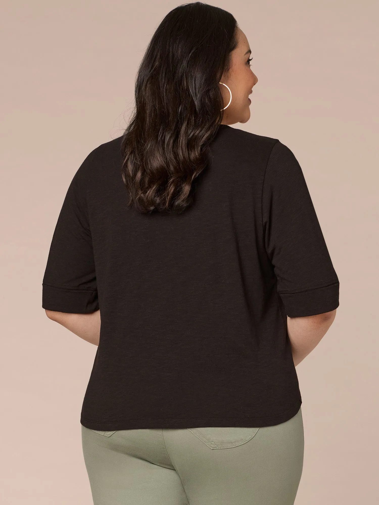 Roll Cuff Sleeve Round Split V-Neck Surplus Hem Plus Size Knit Top