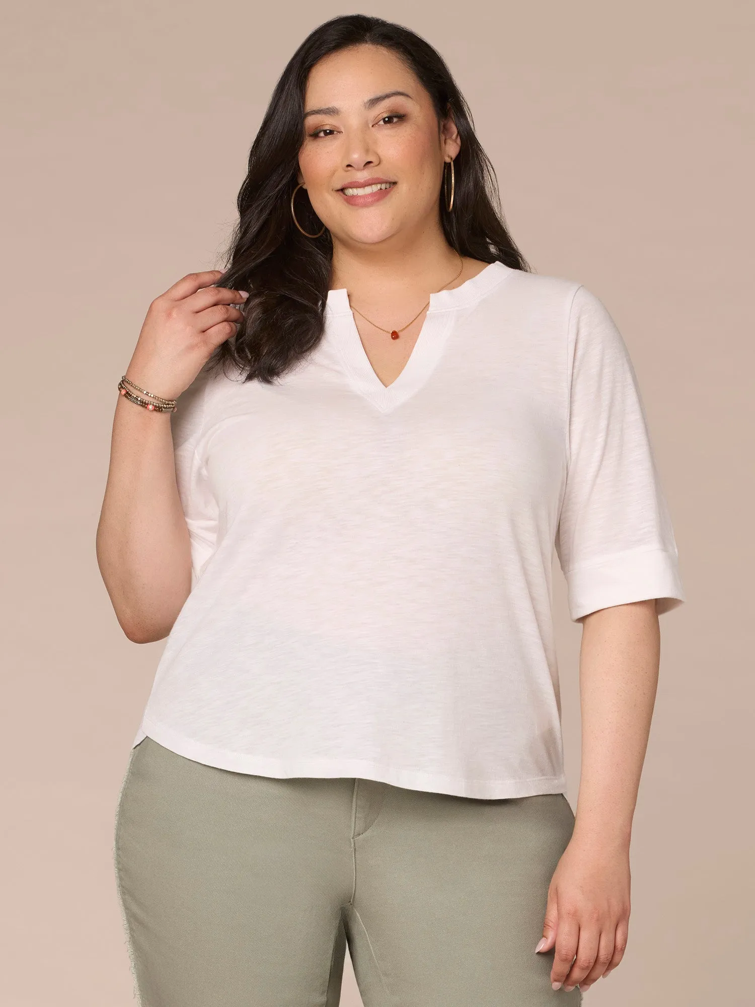 Roll Cuff Sleeve Round Split V-Neck Surplus Hem Plus Size Knit Top