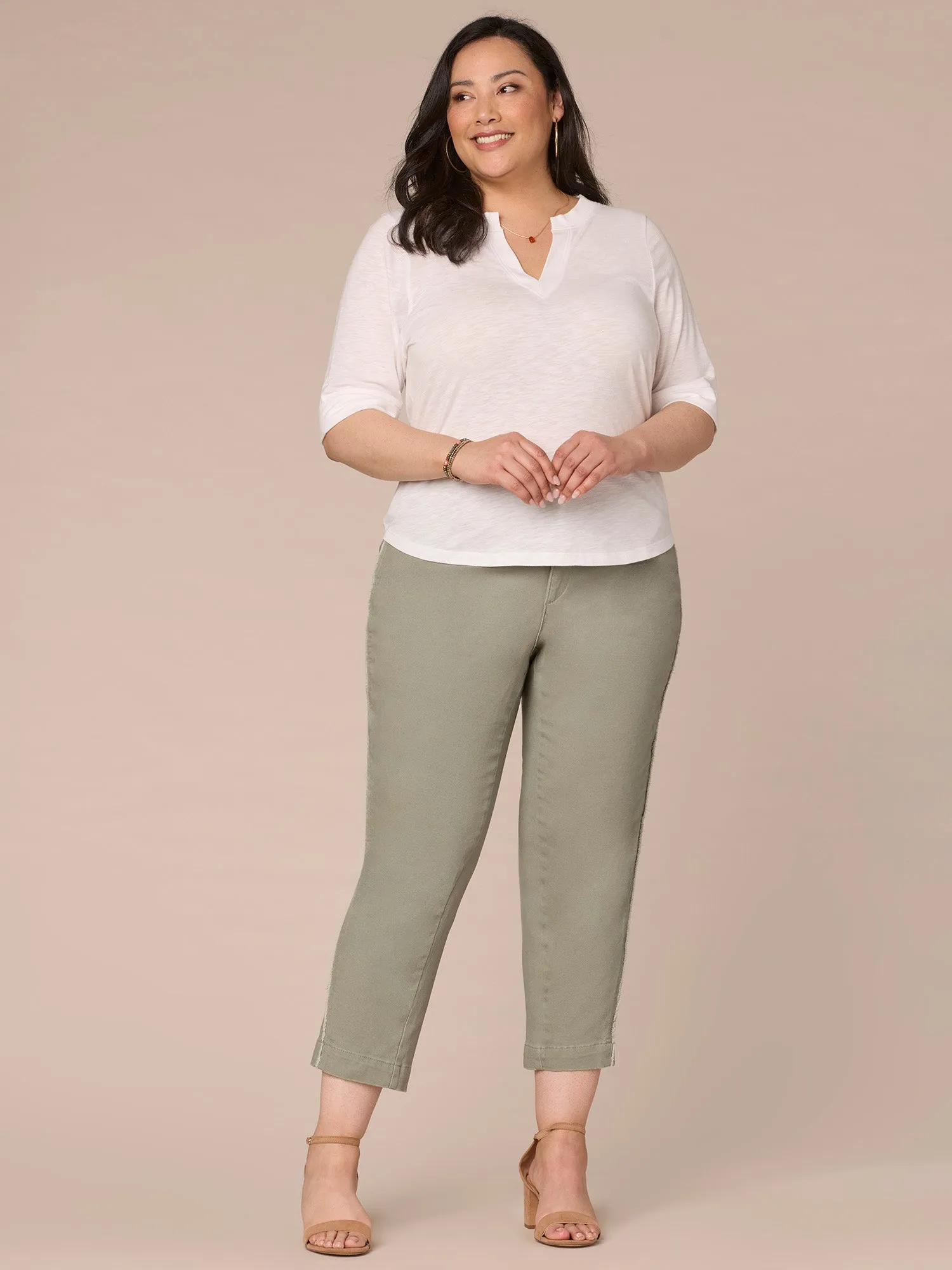 Roll Cuff Sleeve Round Split V-Neck Surplus Hem Plus Size Knit Top