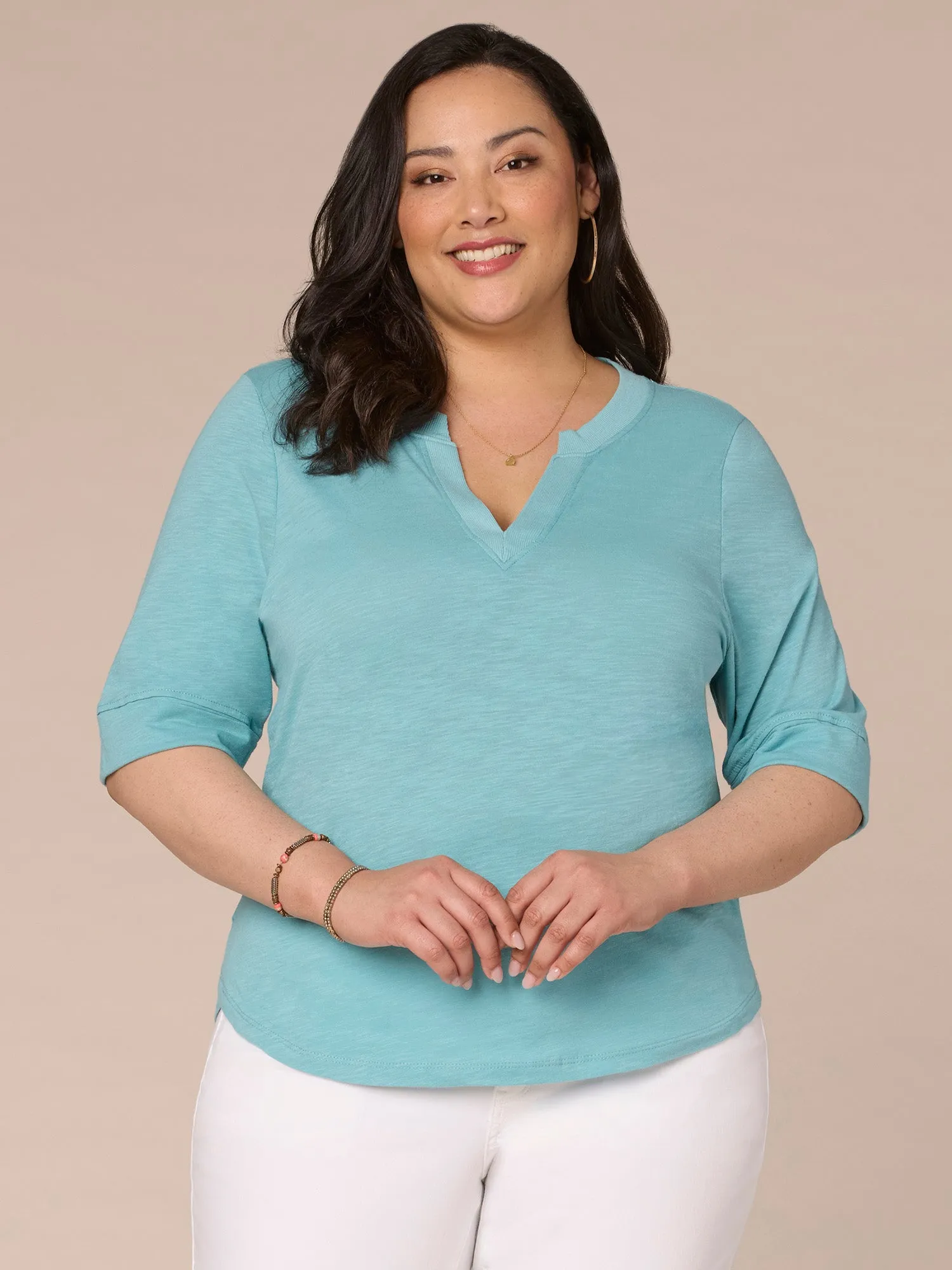 Roll Cuff Sleeve Round Split V-Neck Surplus Hem Plus Size Knit Top