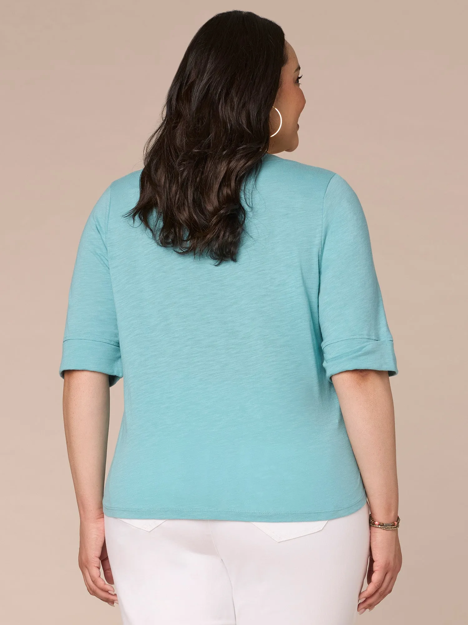 Roll Cuff Sleeve Round Split V-Neck Surplus Hem Plus Size Knit Top