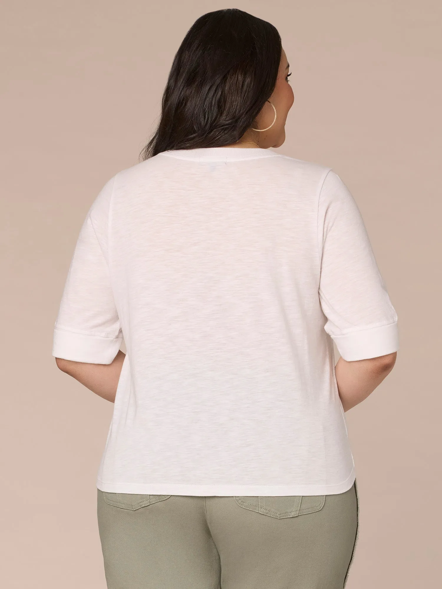 Roll Cuff Sleeve Round Split V-Neck Surplus Hem Plus Size Knit Top