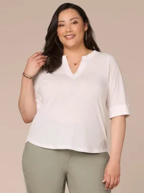 Roll Cuff Sleeve Round Split V-Neck Surplus Hem Plus Size Knit Top