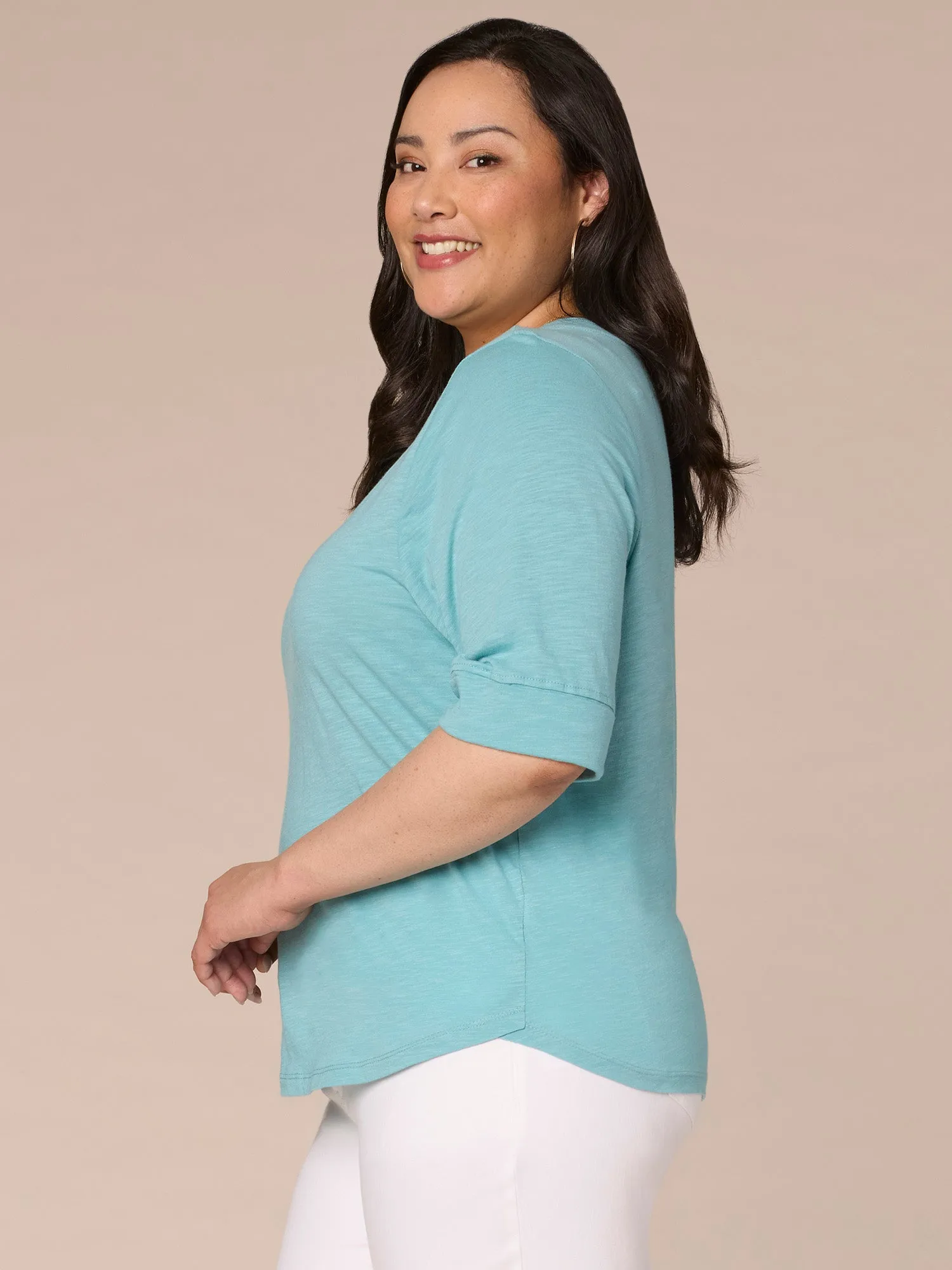 Roll Cuff Sleeve Round Split V-Neck Surplus Hem Plus Size Knit Top
