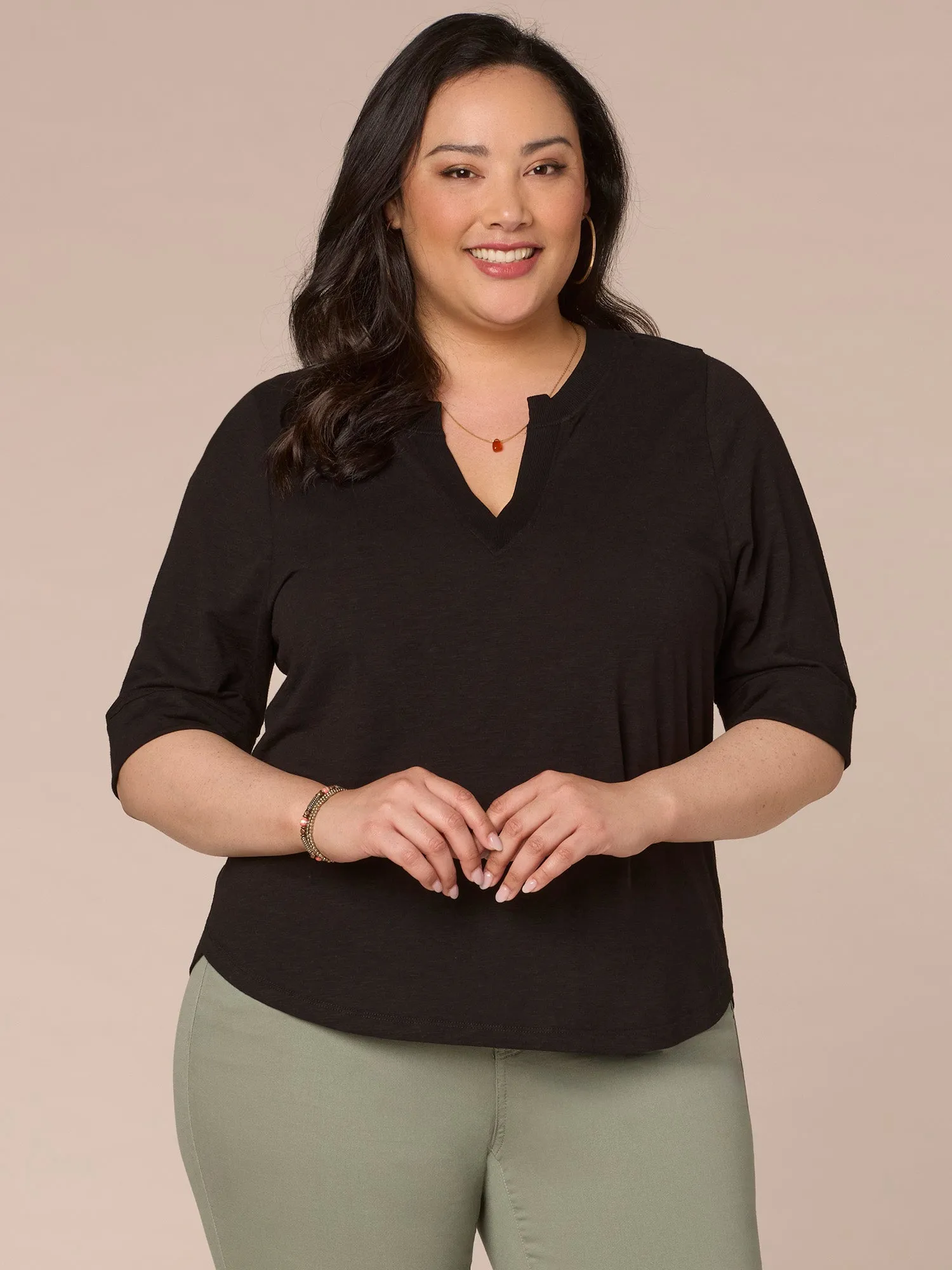 Roll Cuff Sleeve Round Split V-Neck Surplus Hem Plus Size Knit Top