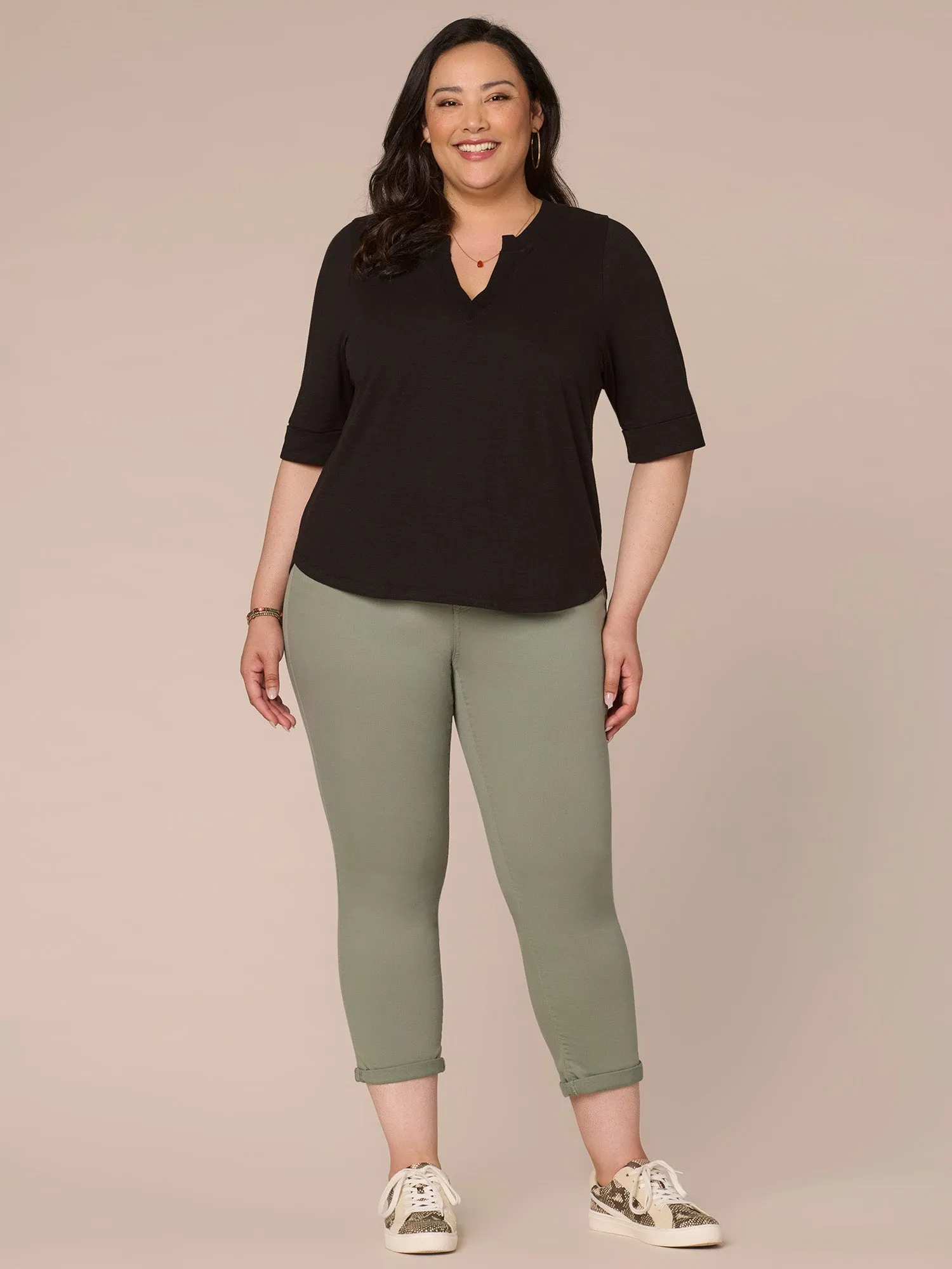 Roll Cuff Sleeve Round Split V-Neck Surplus Hem Plus Size Knit Top