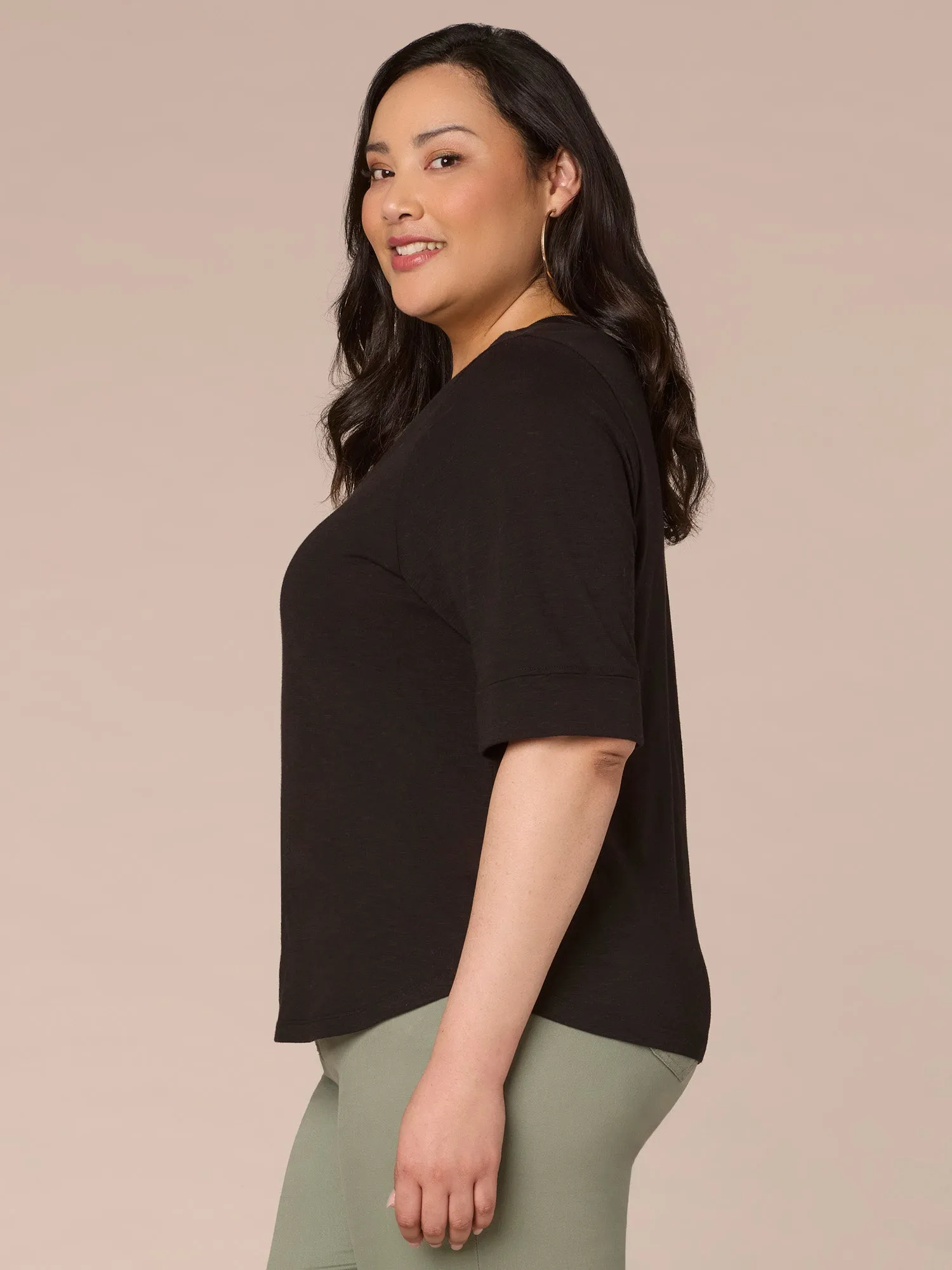 Roll Cuff Sleeve Round Split V-Neck Surplus Hem Plus Size Knit Top