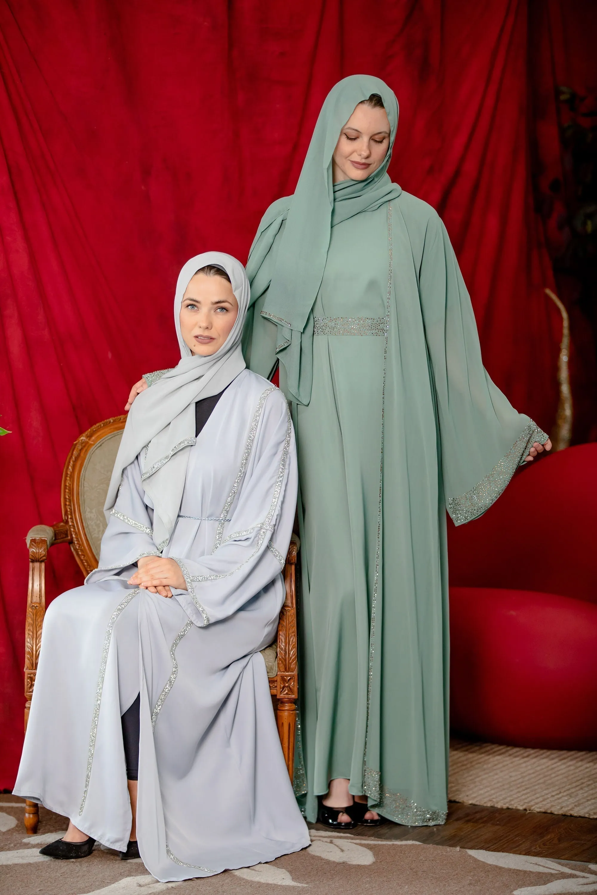 Sage Beaded Kimono Sleeves Abaya Set