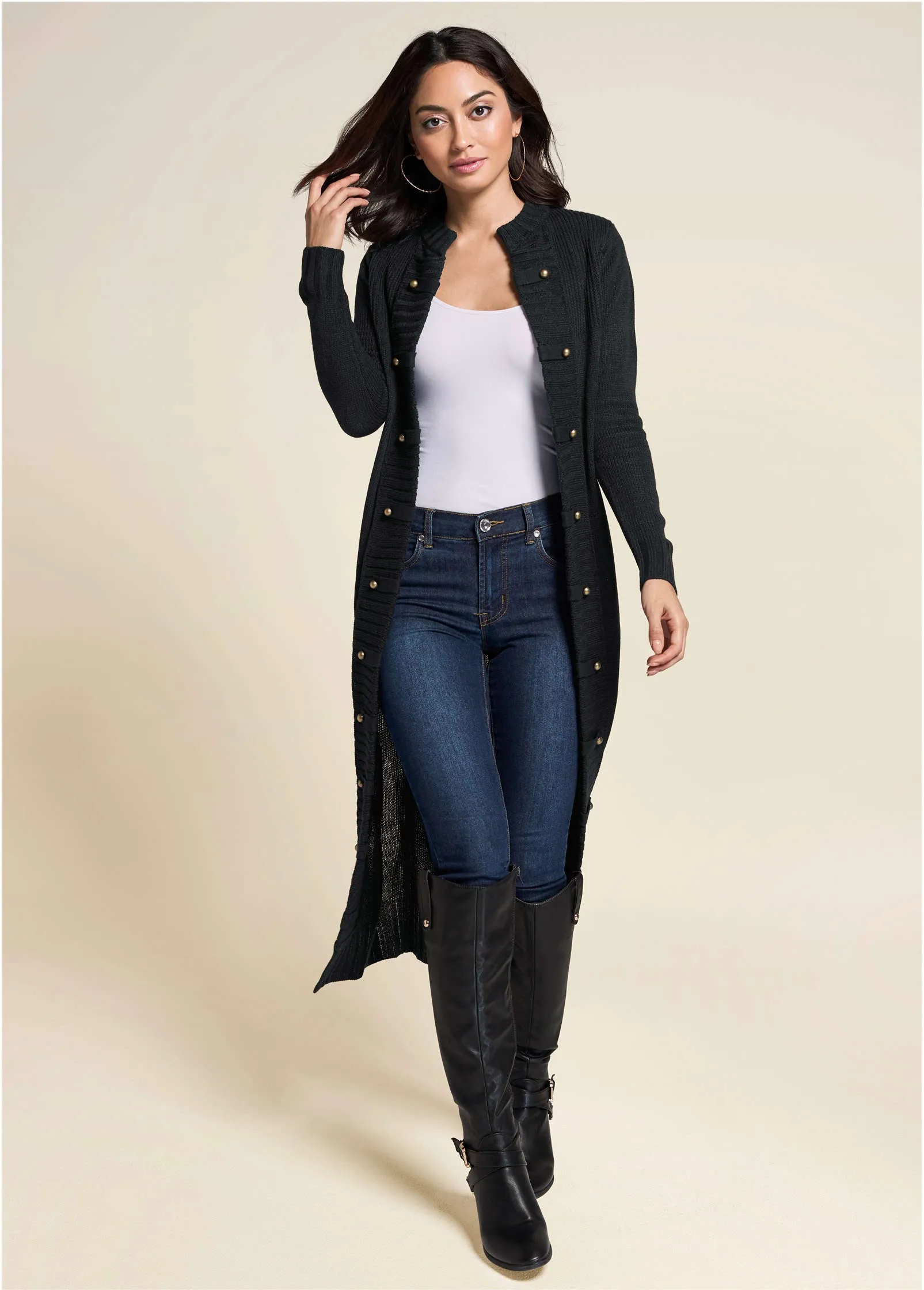 Tab Button Detail Duster - Black