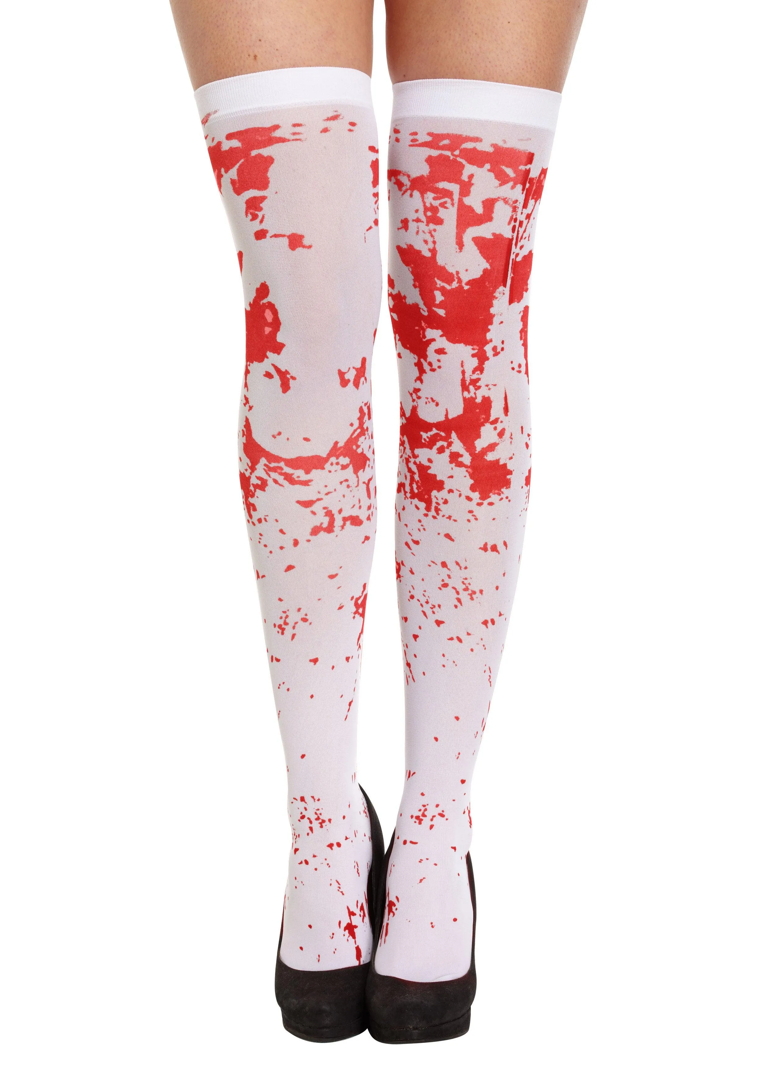 White Hold-Up Stockings with Blood Ladies Girls Blood Splattered Halloween Zombie Fancy Dress Accessory